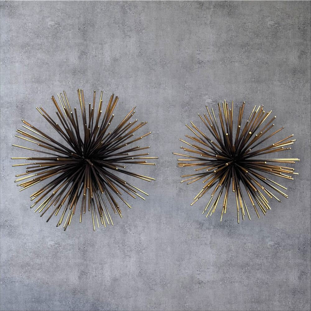 Set of 2 Starburst Wall Sculptures – Mid Century Modern Style Metal Urchin Art